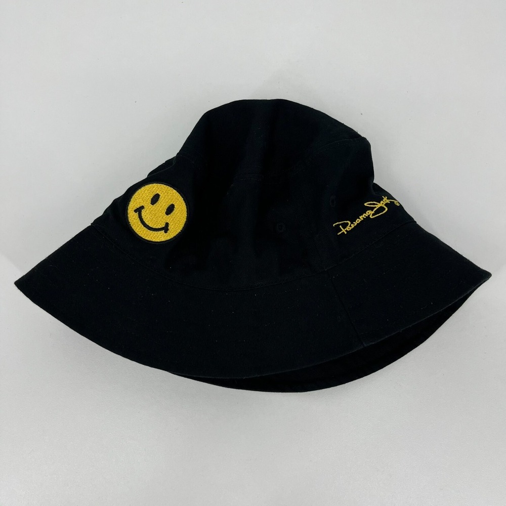 Panama Jack Mens Black Cotton Bucket Hat Smiley Face Embroidered